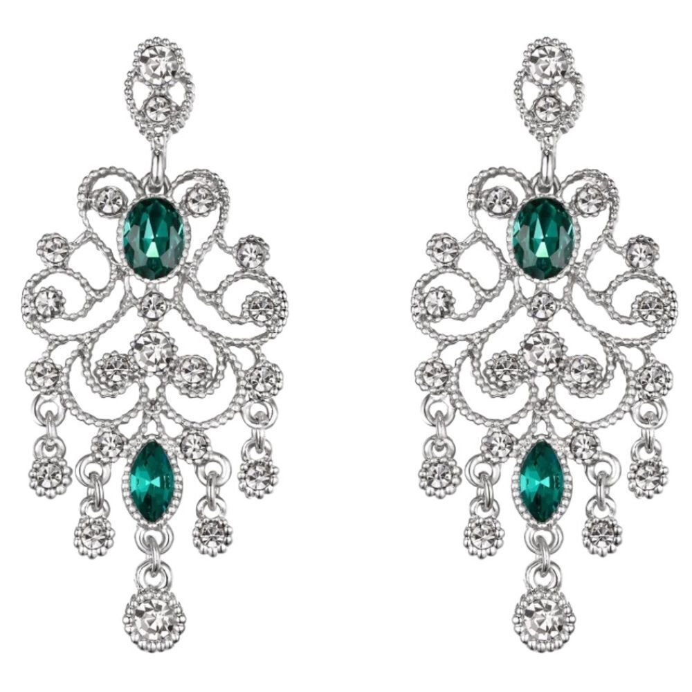 Silver with Diamond and Emerald Austrian Crystal Banquet Chandelier Earrings